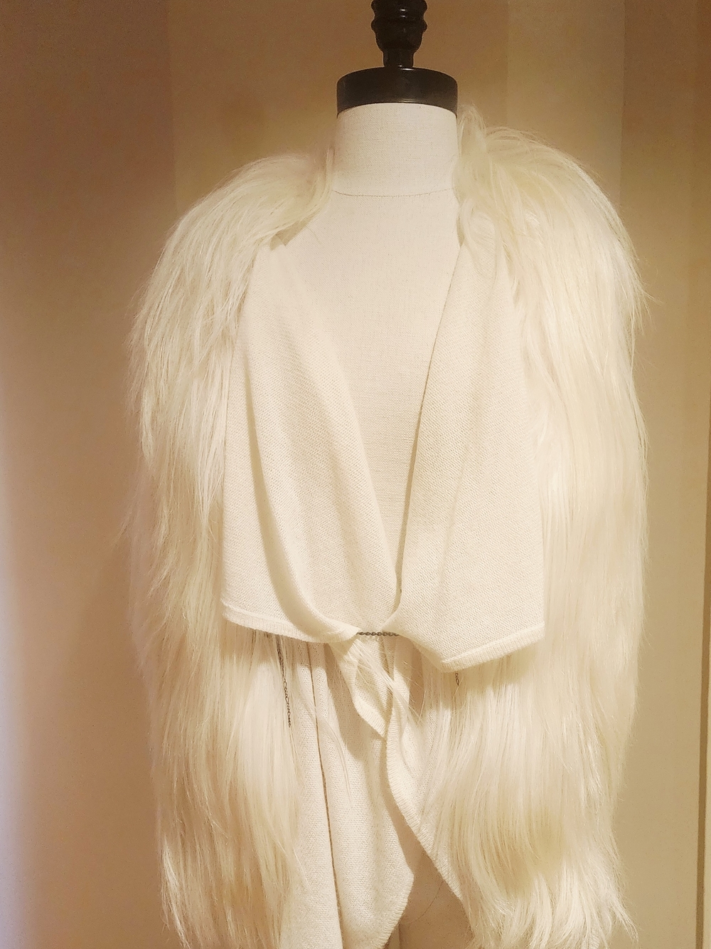 NWT Saks Fifth Avenue Fur Salon Ivory Kid Skin Fur Vest w/ Cashmere Drape